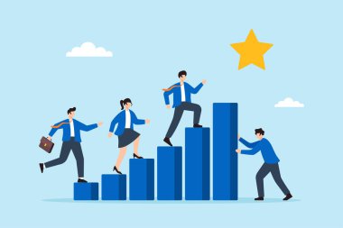 Takımın başlangıç hedefine ulaşması için bar çizelgesi merdiveni oluşturan işletme liderinin düz çizimi