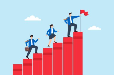 Takım başlangıç basamaklarını tırmanırken iş liderinin kırmızı ilerleme çubuklarının üzerine bayrak dikmesinin düz bir çizimi