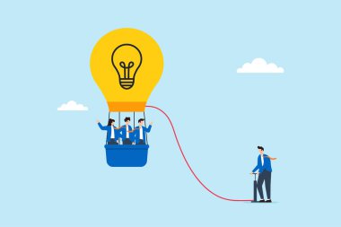 Fikir balonu kaldırma ekibinin yenilikçi başarıya giden yolda sepet içinde şişirilmesinin düz çizimi