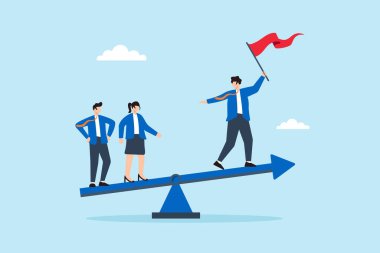 İstikrarlı bir ilerleme ve yön için ekip üyeleri tarafından desteklenirken tahterevalli okuyla bayrak üzerinde dengede duran işadamı liderinin düz çizimi