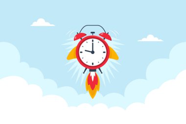 Acil verimliliği ve hızlı iş girişimini temsil etmek için roket gibi fırlatılan kırmızı alarmlı saatin düz çizimi