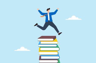 Bilgi, eğitim büyümesi ve öğrenme yolculuğunu temsil etmek için uzun kitap yığınının üzerinden atlayan iş adamlarının düz çizimi