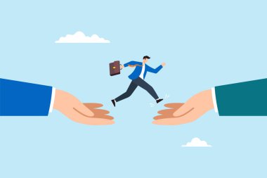 Flat illustration of businessman leaping between two giant hands to represent opportunity career transition and decision making with support