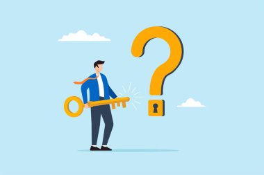 Kritik düşünme ve cevapları bulmanın sembolü olarak soru işareti anahtar deliğini açmak için büyük bir anahtar tutan işadamının düz çizimi