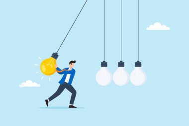 Flat illustration of businessman swinging glowing lightbulb as pendulum to spark creativity innovation and knowledge transfer