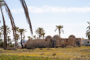 Güney Tunus 'taki Djerba adasında terk edilmiş binalar (houch)