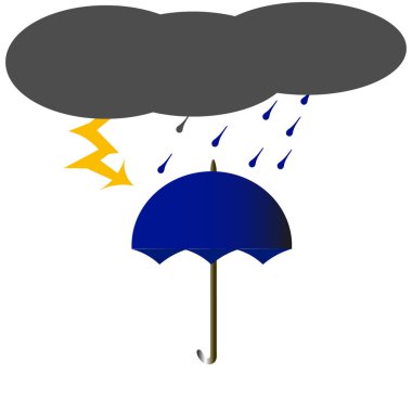 Vektör grafikleri. Hava durumu. Beyaz bir arka planda, açık bir şemsiye, yağmur yağan kara bulutlar..
