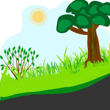 Vector graphics.Ecosystem.Soil on which grass, bush and tree grows. The sun is shining.