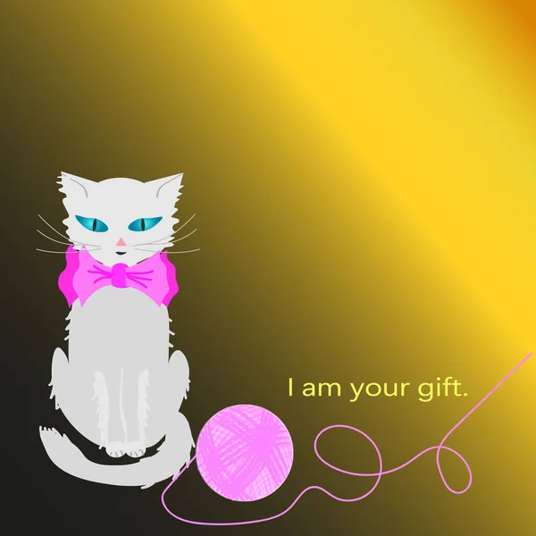 Vector Graphics White Cat Pink Bow Sits Golden Background Her — Διανυσματικό Αρχείο