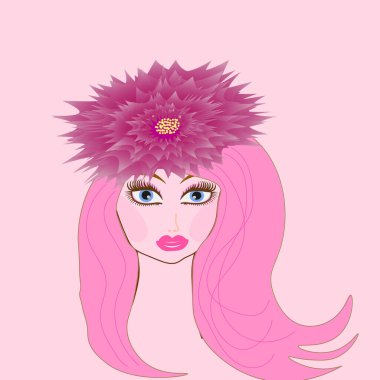 Vektör grafikleri. Pembe paskalya kızı. Pembe arka planda, mavi gözlü ve pembe saçlı bir kız..