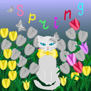 Vektör grafikleri. Sarı yaylı beyaz bir kedi çiçek açan lalelerin içinde oturuyor, kelebekler uçuyor. En üstte, çok renkli harflerle, 