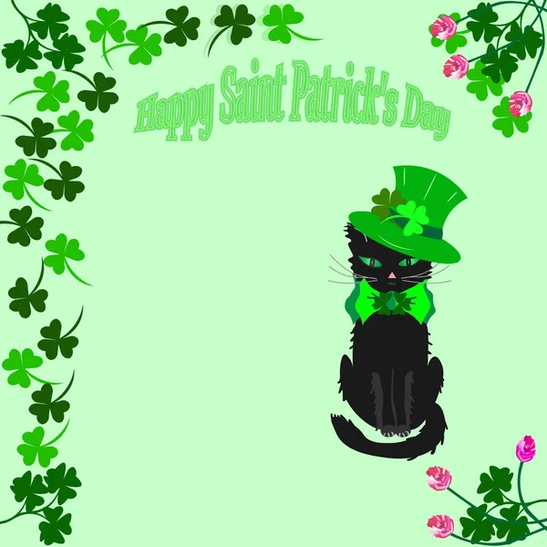 矢量图形 在绿色的背景上有三叶草和花 旁边坐着一只黑猫 它的眼睛是绿的 头戴绿弓 头戴绿帽 上面写着 圣帕特里克节快乐 — 图库矢量图片