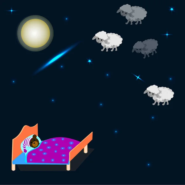ベクトルグラフィック 夜空に月と星が輝きます 寝ようとしている間にテディベアは羊を数えるベッドに横たわっています — ストックベクタ