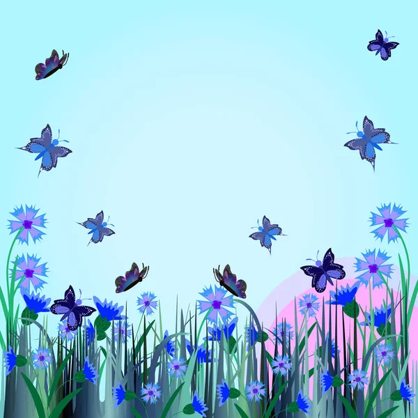 Grafica Vettoriale Sullo Sfondo Cielo Blu Farfalle Blu Volare Vicino — Vettoriale Stock