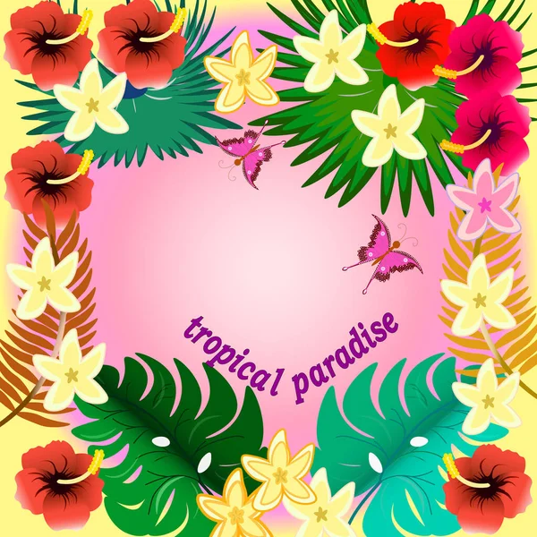 Gráficos Vectores Fondo Tropical Monstera Hojas Palma Flores Hibisco Mariposas — Vector de stock