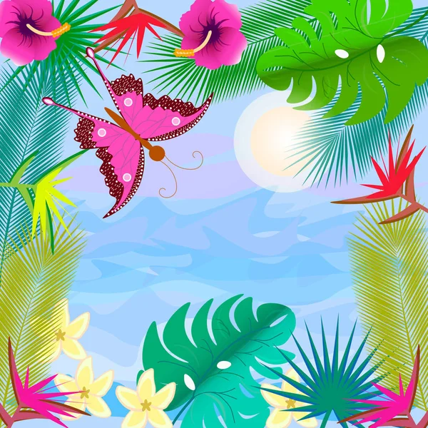 Graphiques Vectoriels Travers Cadre Feuilles Monstère Palmiers Fleurs Tropicales Vous — Image vectorielle