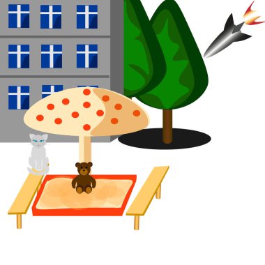 Vektör grafikleri. Evin yanında mantar şemsiyeli ve kumlu bir oyun alanı var. Oyuncak ayı kum havuzunda, beyaz kedi bankta oturuyor. Bir roket yukarıdan barış dolu bir yaşama yöneliktir..