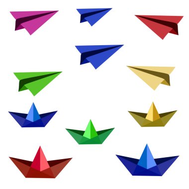 Vektör grafikleri. Beyaz arka planda, çok renkli kağıt uçaklar ve tekneler.