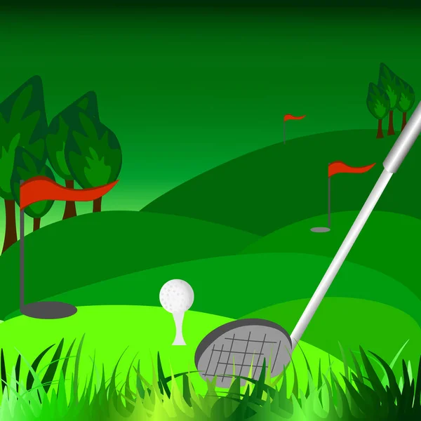 Vektorgrafik Landskap Grön Bakgrund Golfbana Vit Boll Klubb Hål Och — Stock vektor