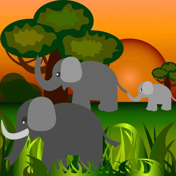 ベクトルグラフィック 緑の草 バオバブが成長します 前景には牙を持つ大きな象がいる 近くには象の赤ちゃんがいる — ストックベクタ
