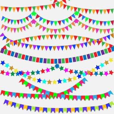 Vektör grafikleri. Beyaz arka planda çok renkli ve farklı şekilli kağıt bayrakların neşeli çelenkleri var..