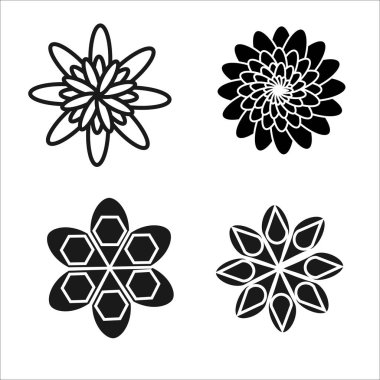 Vektör grafikleri. Beyaz arka planda dört farklı siyah çiçek var..