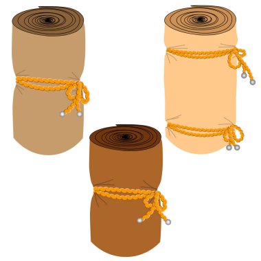 Vektör grafikleri. Beyaz arka planda iple bağlanmış üç rulo kalın kumaş var..