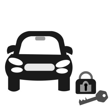Vektör grafikleri. Simge. Düz dizayn. Araç güvenliği ve güvenlik. Beyaz arka planda bir araba, bir kilit ve bir anahtar var..
