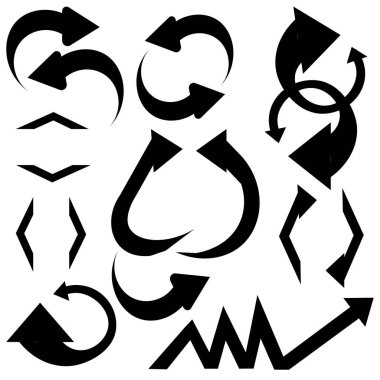 Vektör grafikleri. Beyaz zemin üzerinde düz bir tarzda birçok siyah ok vardır..