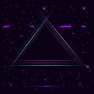 Vektör grafikleri. Soyut arkaplan. Karanlık bir arka planda neon bir üçgen ve birçok yıldız var..