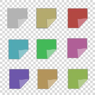 Vektör grafikleri. Şeffaf bir arkaplanda katlanmış köşeli dokuz tane çok renkli kağıt var..