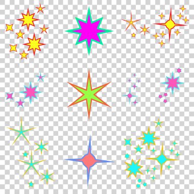 Vektör grafikleri. Şeffaf arkaplanda renkli parlak yıldız grupları.