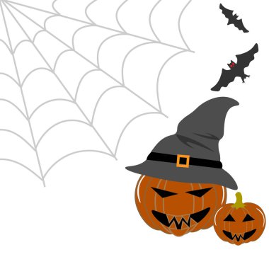 Vektör grafikleri. Beyaz arka planda iki Cadılar Bayramı kabağı, örümcek ağı ve yarasalar.