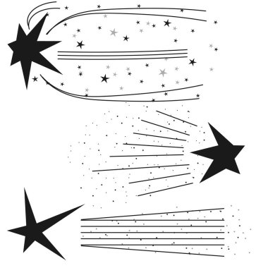 Vektör grafikleri. Beyaz arkaplanda siyah tonda üç uçan yıldız..