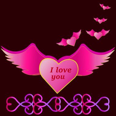 Vektör grafikleri. Karanlık bir arka planda, kanatlı pembe bir kalp ve 