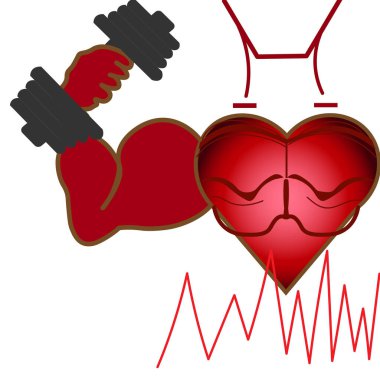 Vektör grafikleri. Beyaz arka planda, halteri tutan güçlü bir eli olan bir kalp. Kalbin altında, bir kardiyogram grafiği.
