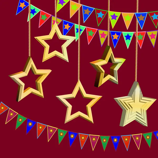 Üç boyutlu soyutlama. Üç boyutlu yıldızlar ve kırmızı arka planda asılı bayraklardan oluşan çelenkler.