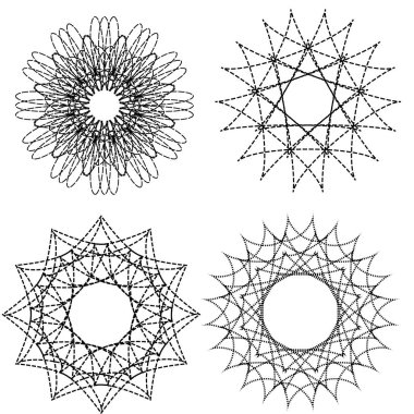 Vektör grafikleri. Beyaz arka planda siyah beyaz dört yuvarlak süs..