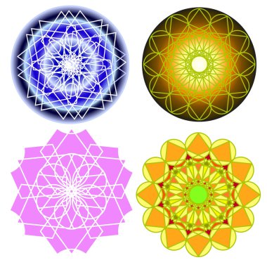 Vektör grafikleri. Beyaz arkaplanda dört parlak renkli yuvarlak süs..