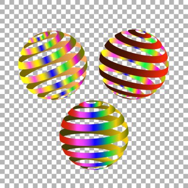 Vektör grafikleri. 3 boyutlu sembol, logo. Şeffaf bir arkaplanda, gökkuşağı renklerinde üç hacimsel boş küre.