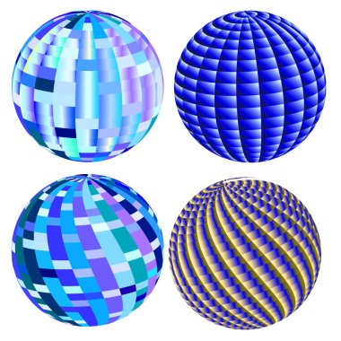 Vektör grafikleri. Disko topu. Beyaz bir arkaplanda mavi tonda 4 renkli hacimli küre.
