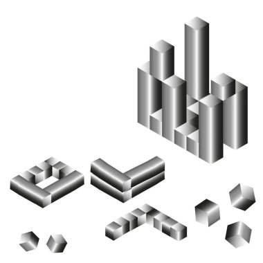 Vektör grafikleri. Beyaz arkaplanda, siyah-beyaz küpler ve bunlardan yapılmış yapılar var..