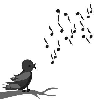 Vektör grafikleri. Siyah beyaz görüntü. Bir kuş ağaçta oturur ve şarkı söyler.