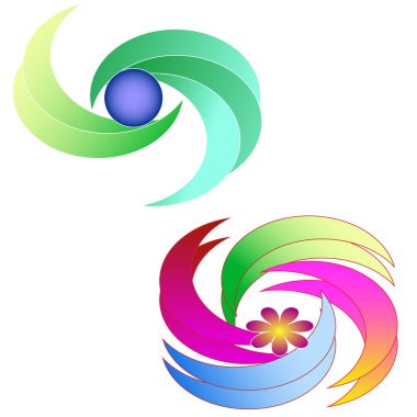 Vektör grafikleri. Beyaz arka planda, yeşil tonlu iki parlak logo ve iş için bir gökkuşağı..