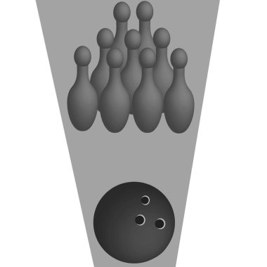 Vektör grafikleri. Bowling maçı. Beyaz arka planda, bir şerit, lobutlar ve siyah beyaz tonlarda bir bowling topu..