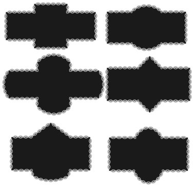 Vektör grafikleri. Beyaz arka planda, zincirlerle çerçevelenmiş altı siyah çıkartma..