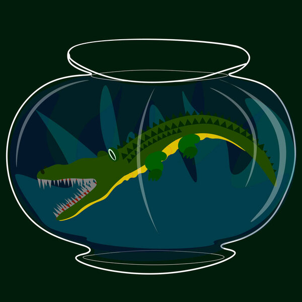 Векторная графика Абстракция. Аллегория. Зеленый крокодил плавает в большой стеклянной банке.