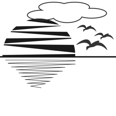 Vektör grafikleri. Minimalizm. Beyaz arka planda, güneş, deniz, bulut ve kuşlar.