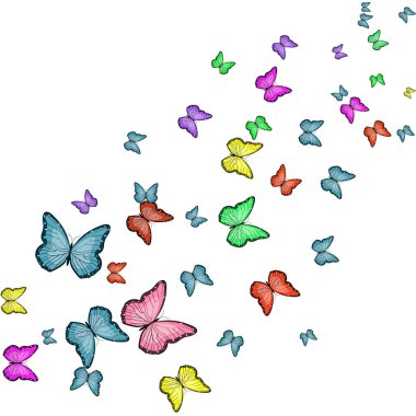 Vektör grafikleri. Beyaz arka planda, bir çok renkli kelebek.