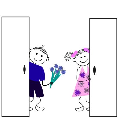 Vektör grafikleri. Çocuk çizimi. Kapıların arkasında bir kız ve elinde bir buket çiçekle bir oğlan var..